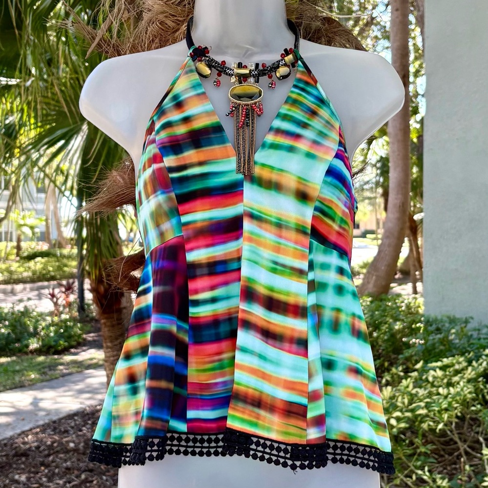 bebe Multicolor Jewelry Necklace Halter Top Size XS Y2K Disco Smocked 70s Retro